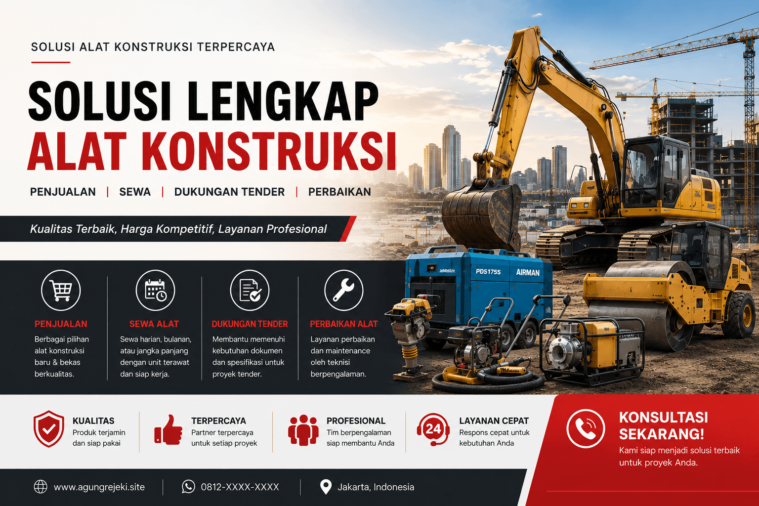 Ilustrasi alat konstruksi untuk membantu memilih beli atau sewa sesuai kebutuhan proyek
