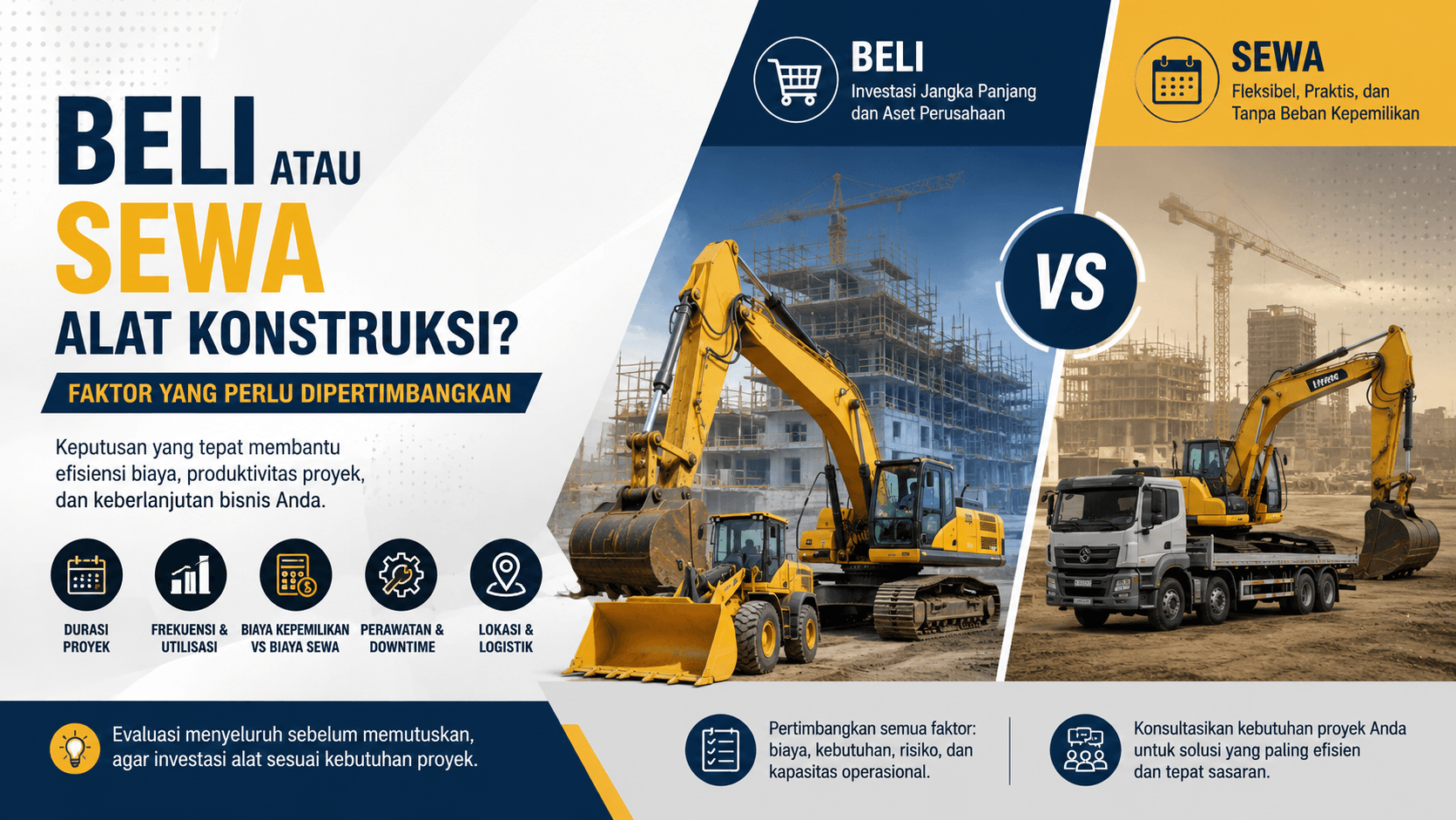 Perbandingan pilihan beli atau sewa alat konstruksi berdasarkan kebutuhan dan kondisi proyek