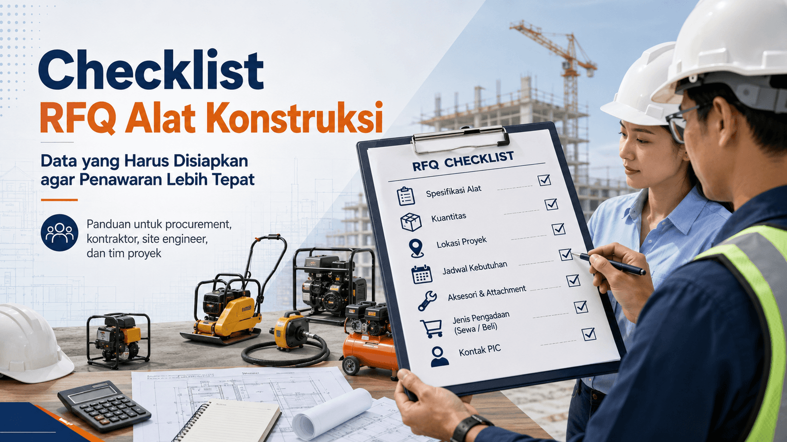 Tim proyek memeriksa checklist RFQ alat konstruksi sebelum meminta penawaran