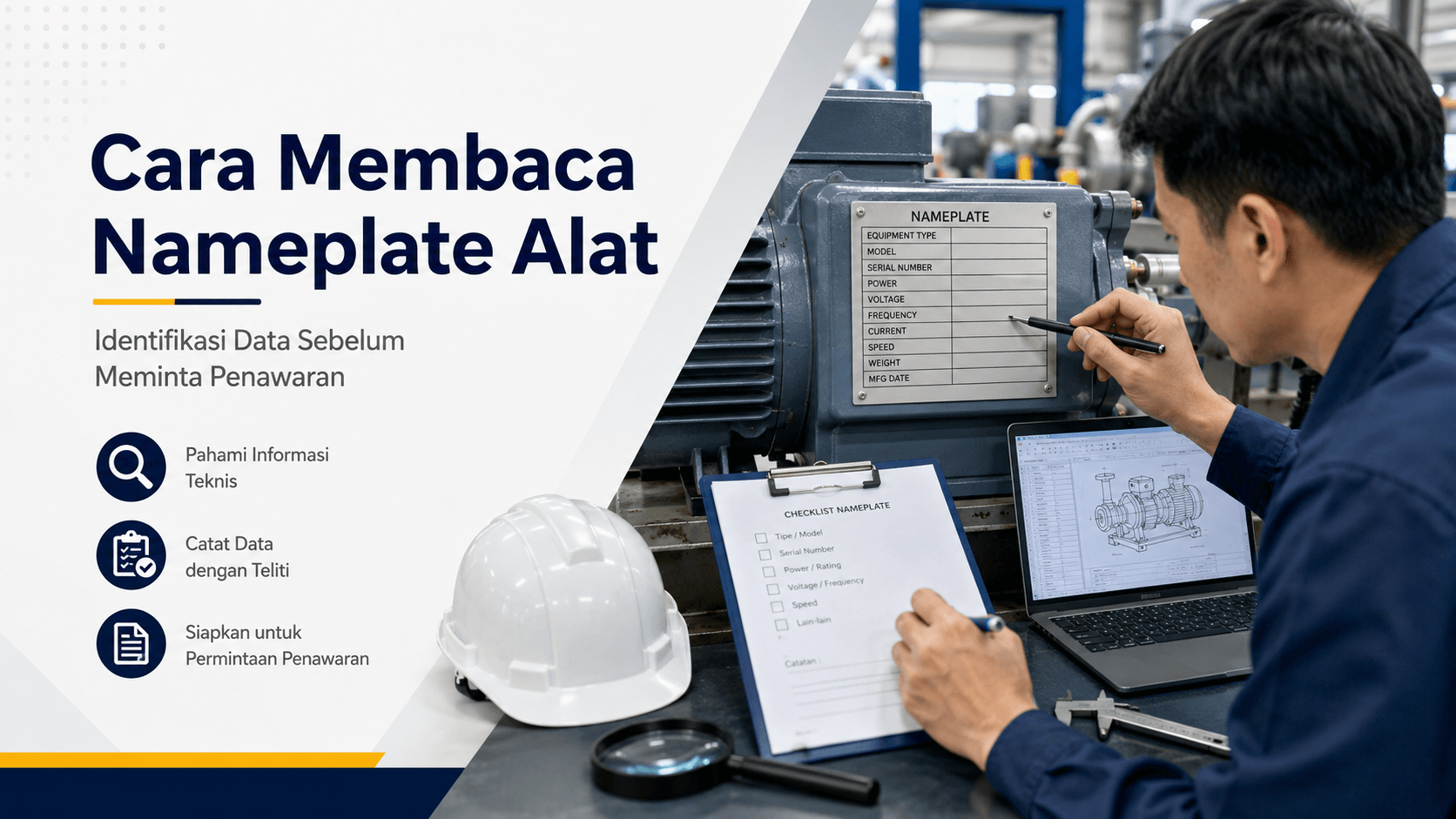 Tim teknis mempelajari cara membaca nameplate alat dengan memeriksa model, serial number, dan data teknis sebelum meminta penawaran
