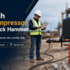 Air compressor dan Jack Hammer pada proyek konstruksi dengan engineer memeriksa kebutuhan flow, pressure, dan jumlah alat