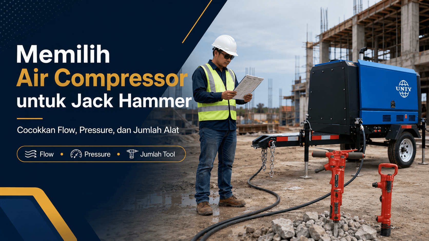 Air compressor dan Jack Hammer pada proyek konstruksi dengan engineer memeriksa kebutuhan flow, pressure, dan jumlah alat