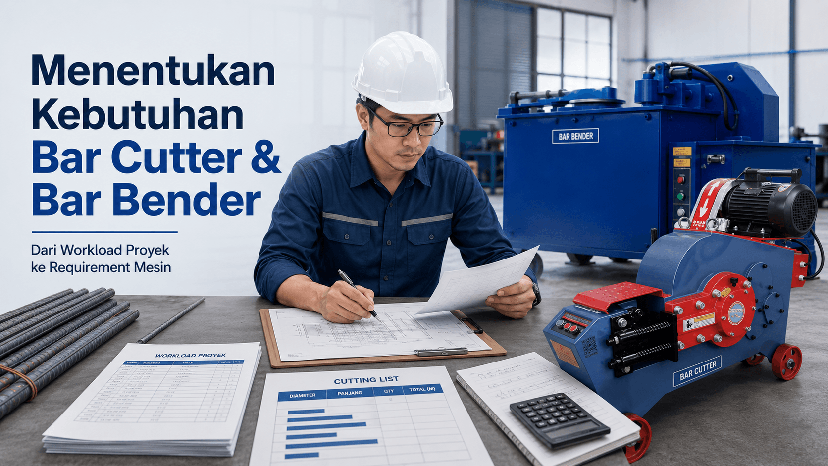 Engineer memeriksa workload proyek untuk menentukan kebutuhan bar cutter dan bar bender