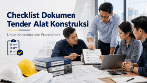 Tim kontraktor dan procurement memeriksa checklist dokumen tender alat konstruksi, spesifikasi teknis, dan dokumen legalitas