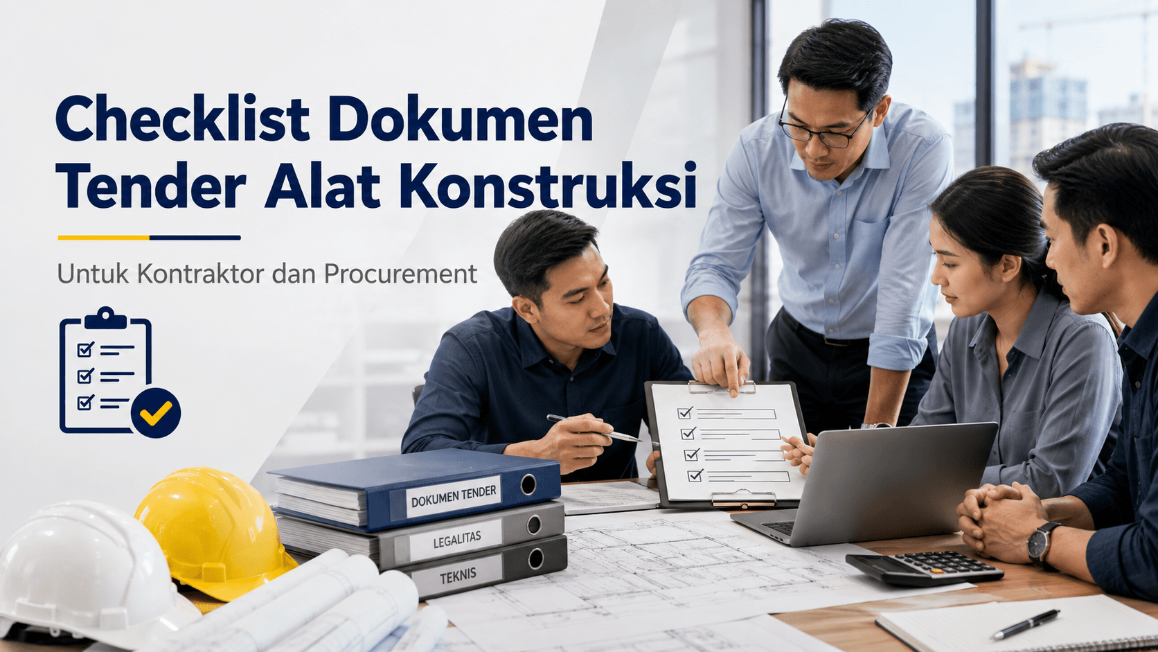 Tim kontraktor dan procurement memeriksa checklist dokumen tender alat konstruksi, spesifikasi teknis, dan dokumen legalitas