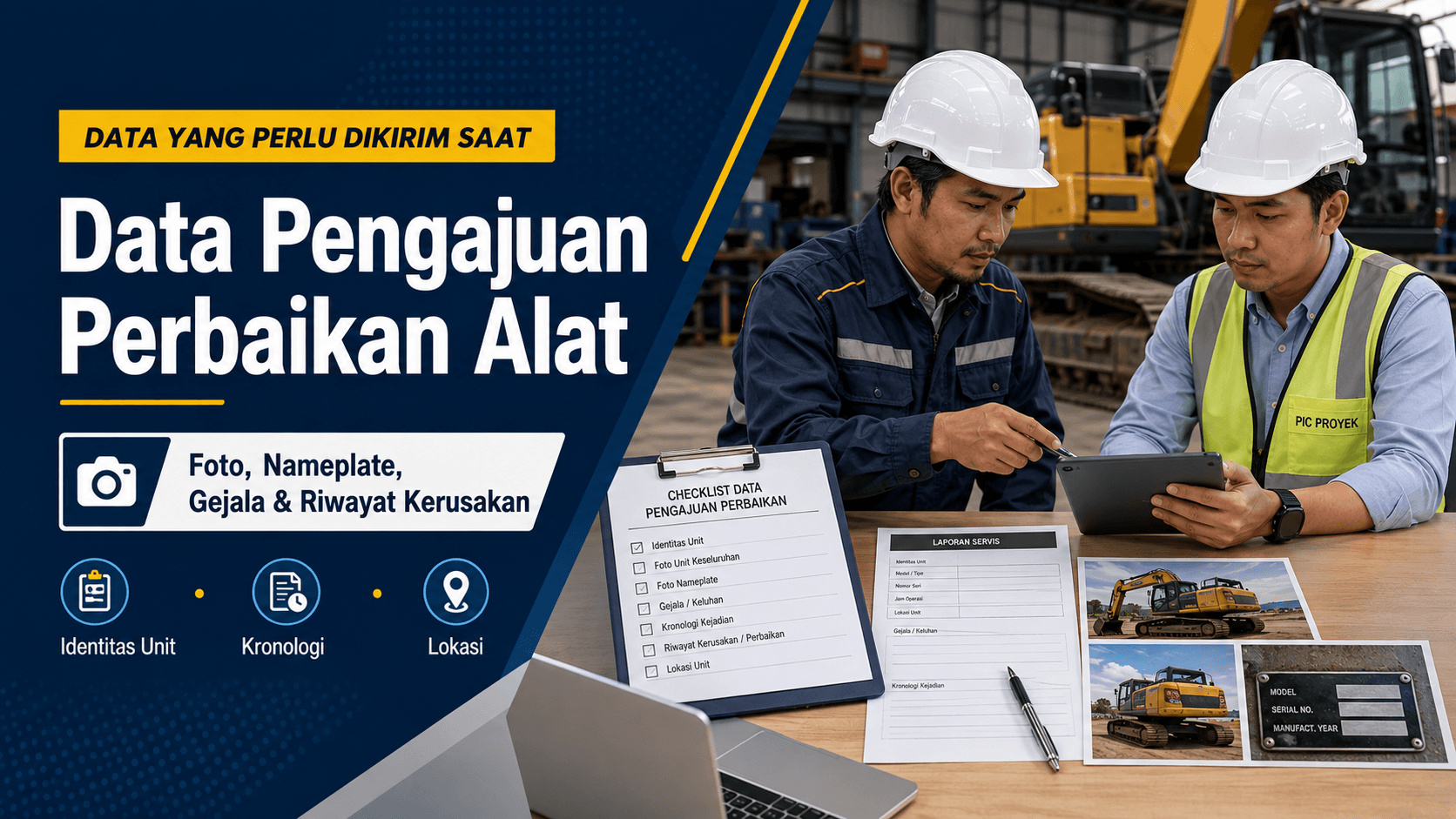 Tim maintenance memeriksa nameplate, foto unit, gejala kerusakan, dan riwayat servis untuk menyiapkan data perbaikan alat konstruksi