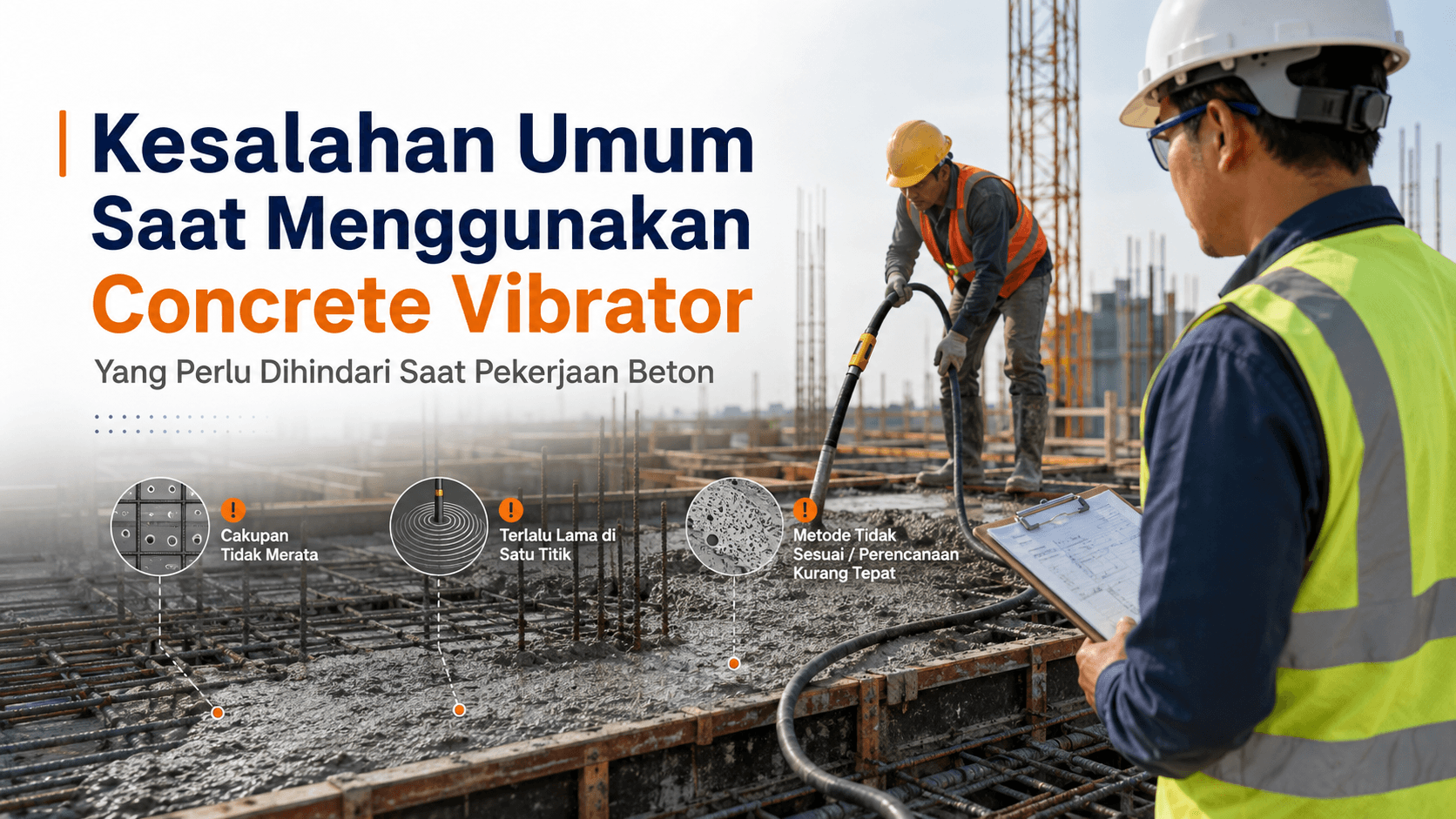 Supervisor reviews the use of concrete vibrator on concrete work to avoid consolidation errors