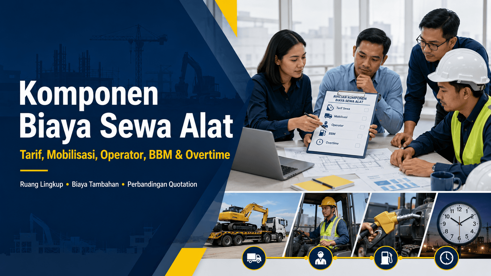 Tim procurement membandingkan tarif, mobilisasi, operator, BBM, dan overtime dalam quotation sewa alat konstruksi