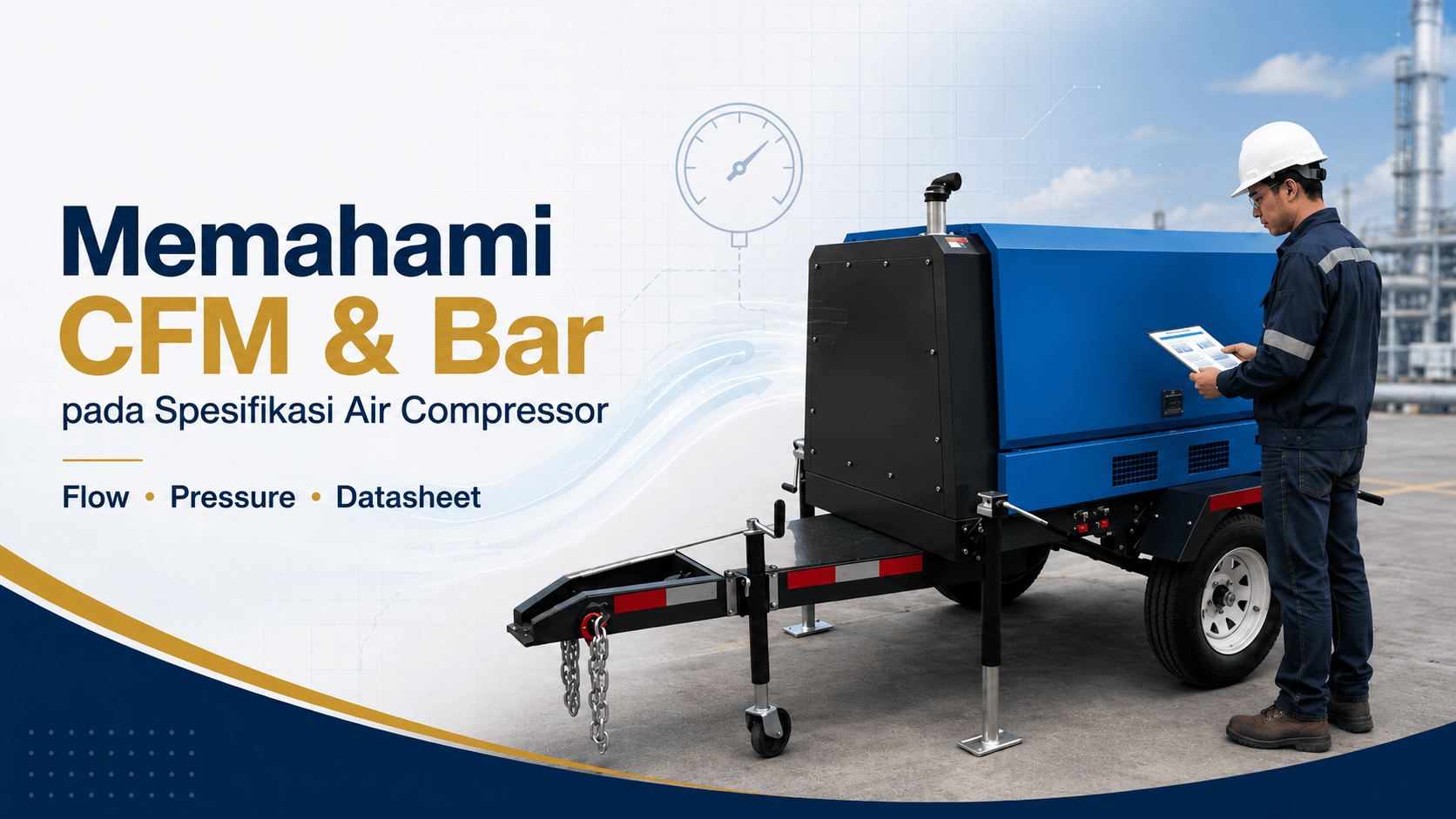 Engineer memeriksa spesifikasi CFM dan Bar pada Air Compressor untuk membedakan flow dan pressure