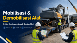 Tim logistik mengukur dan menyiapkan alat konstruksi untuk mobilisasi menggunakan truk menuju lokasi proyek