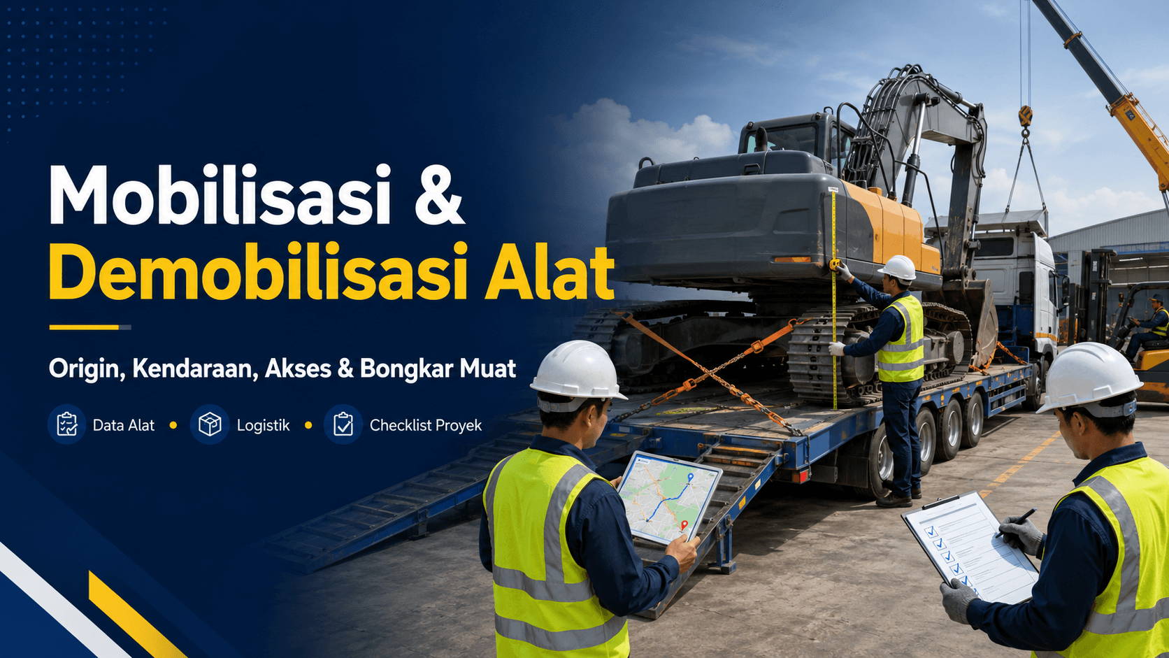 Tim logistik mengukur dan menyiapkan alat konstruksi untuk mobilisasi menggunakan truk menuju lokasi proyek