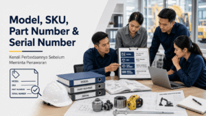 Tim teknis membandingkan perbedaan model SKU part number dan serial number pada dokumen serta nameplate alat konstruksi