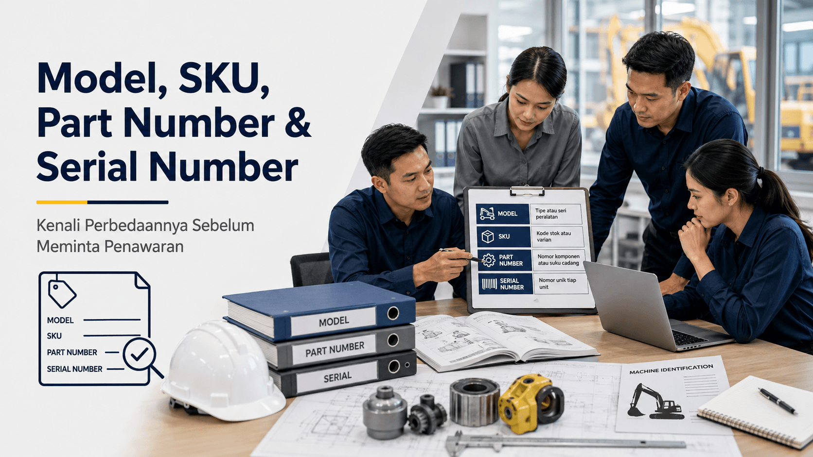 Tim teknis membandingkan perbedaan model SKU part number dan serial number pada dokumen serta nameplate alat konstruksi