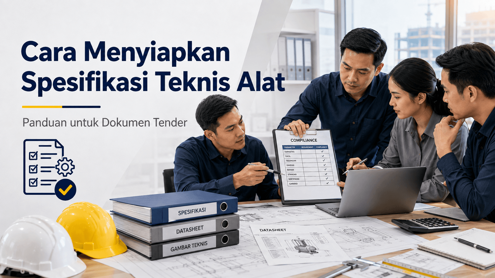 Tim procurement dan engineer memeriksa spesifikasi teknis alat, datasheet, dan compliance sheet untuk dokumen tender