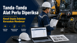 Teknisi mencatat tanda alat konstruksi perlu diperiksa seperti perubahan temperatur, getaran, kebocoran, dan indikator peringatan