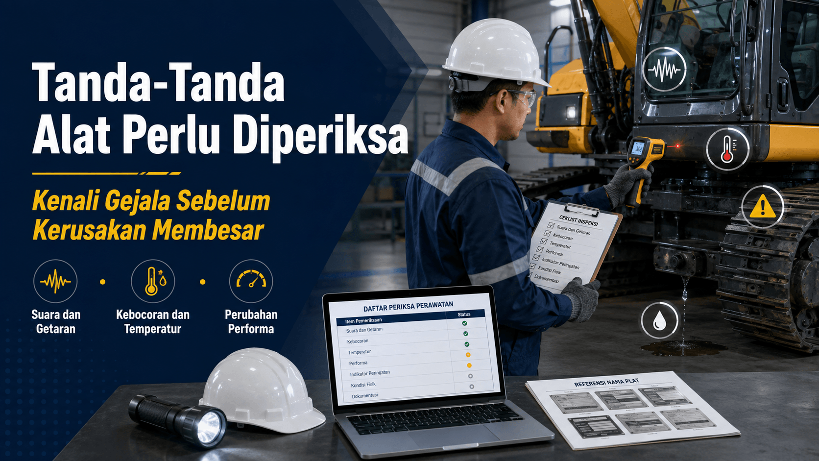 Teknisi mencatat tanda alat konstruksi perlu diperiksa seperti perubahan temperatur, getaran, kebocoran, dan indikator peringatan