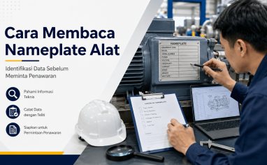Tim teknis mempelajari cara membaca nameplate alat dengan memeriksa model, serial number, dan data teknis sebelum meminta penawaran