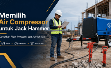 Air compressor dan Jack Hammer pada proyek konstruksi dengan engineer memeriksa kebutuhan flow, pressure, dan jumlah alat