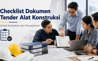 Tim kontraktor dan procurement memeriksa checklist dokumen tender alat konstruksi, spesifikasi teknis, dan dokumen legalitas