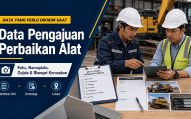 Tim maintenance memeriksa nameplate, foto unit, gejala kerusakan, dan riwayat servis untuk menyiapkan data perbaikan alat konstruksi