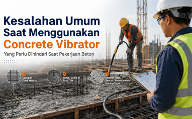 Supervisor meninjau penggunaan concrete vibrator pada pekerjaan beton untuk menghindari kesalahan konsolidasi