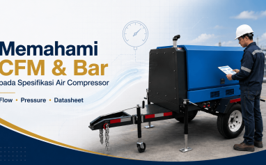 Engineer memeriksa spesifikasi CFM dan Bar pada Air Compressor untuk membedakan flow dan pressure