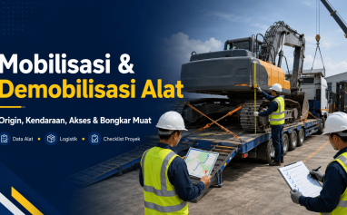 Tim logistik mengukur dan menyiapkan alat konstruksi untuk mobilisasi menggunakan truk menuju lokasi proyek