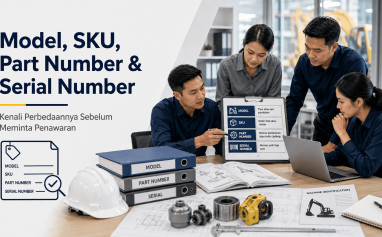 Tim teknis membandingkan perbedaan model SKU part number dan serial number pada dokumen serta nameplate alat konstruksi