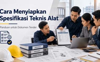 Tim procurement dan engineer memeriksa spesifikasi teknis alat, datasheet, dan compliance sheet untuk dokumen tender