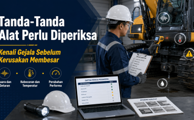 Teknisi mencatat tanda alat konstruksi perlu diperiksa seperti perubahan temperatur, getaran, kebocoran, dan indikator peringatan